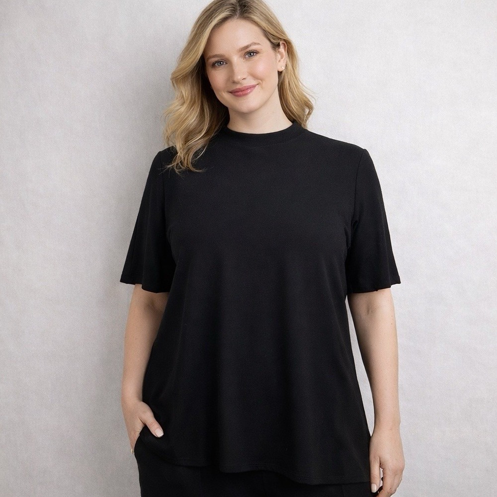 Eileen Fisher Crew Neck Short Sleeve High Low Hem Tunic Top Black MEDIUM Viscose